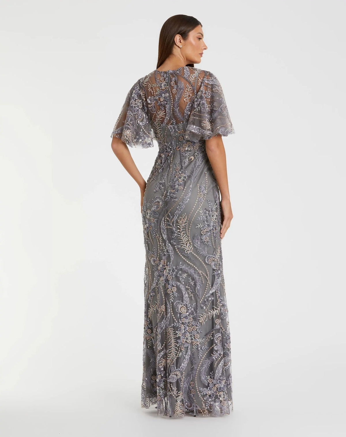 Gray High Neck Flutter Sleeve Embroidered Gown