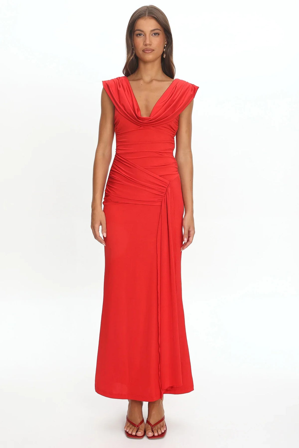 Fermi Draped Shoulder Maxi Dress Red