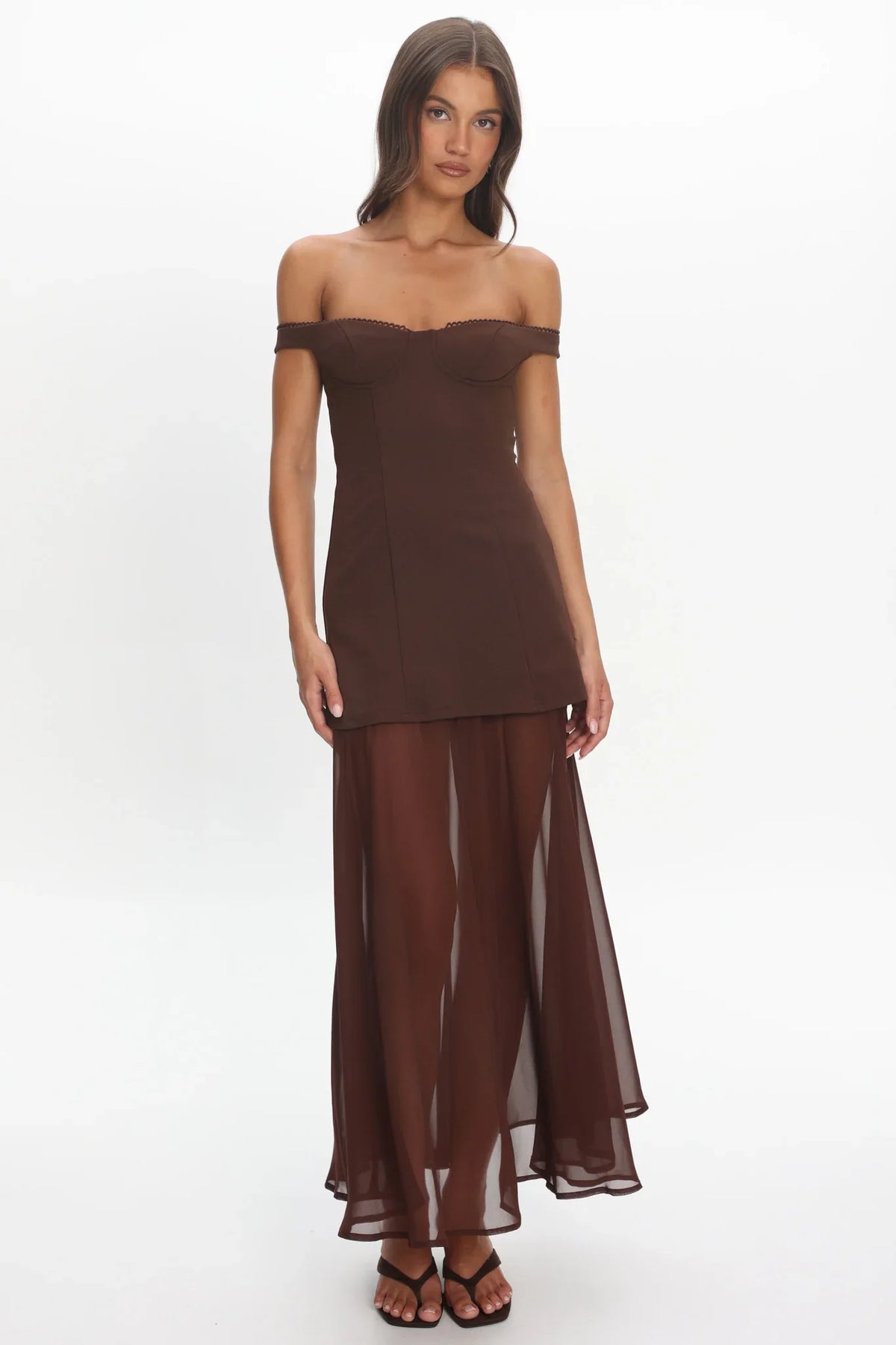 Opulent Off-Shoulder Sheer Hem Maxi Dress Chocolate