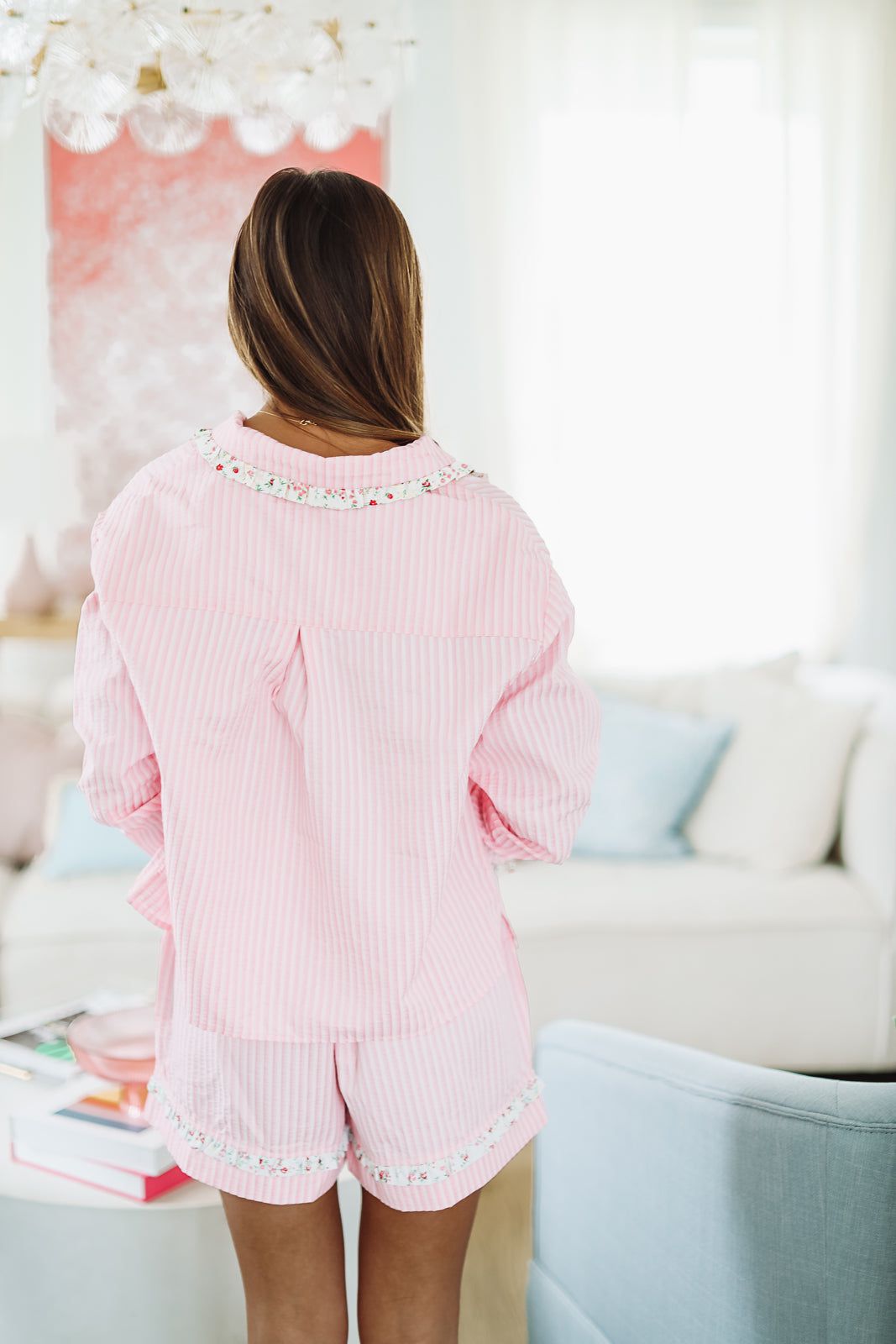Seersucker and Floral Short and Top Pajama Set - Pink and White