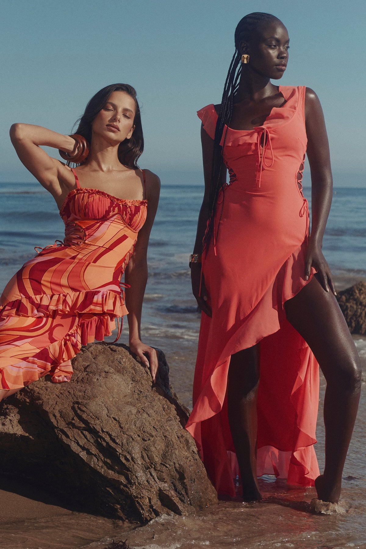 coral georgette ruffle maxi dress