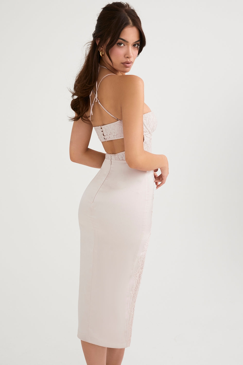 crystal satin and lace midi dress