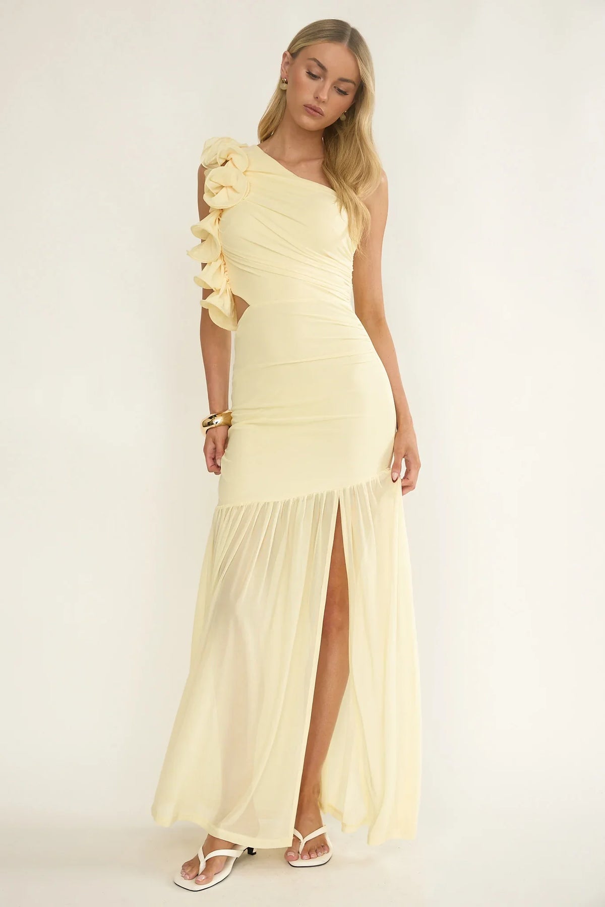 Deanna One-Shoulder Sheer Hem Maxi Dress Yellow