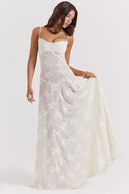 vintage cream floral lace back maxi dress