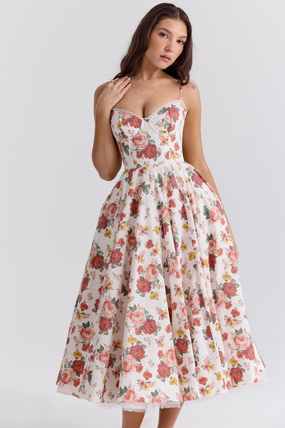 italian rose print tulle midi dress