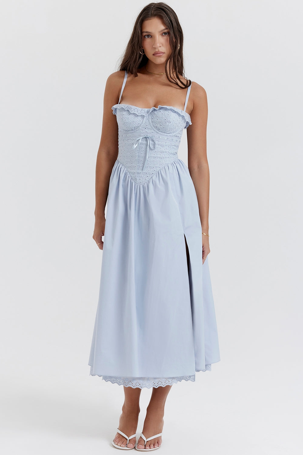 soft blue cotton broderie anglais midi sundress