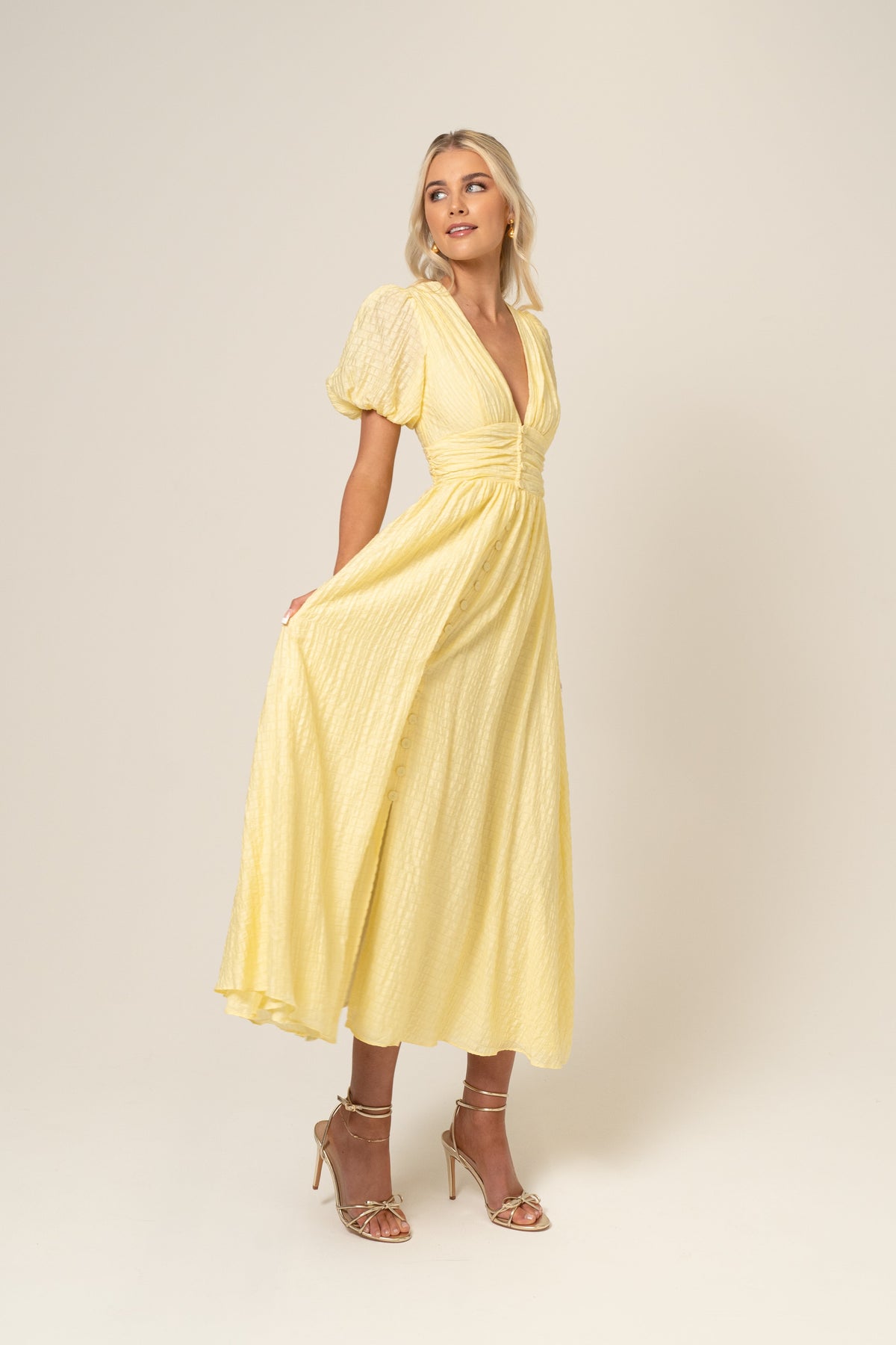 Alissa Puff Sleeve Button Down Midi Dress