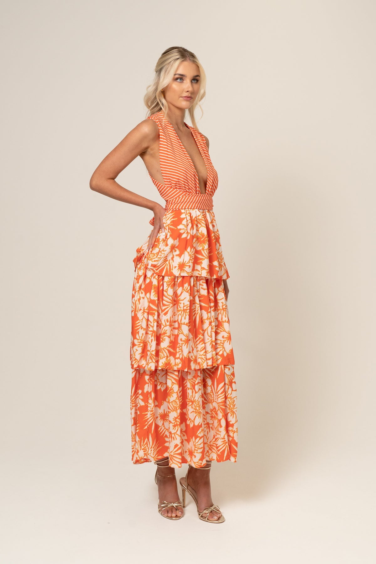 Lydia Orange Print Cross Back Maxi Dress