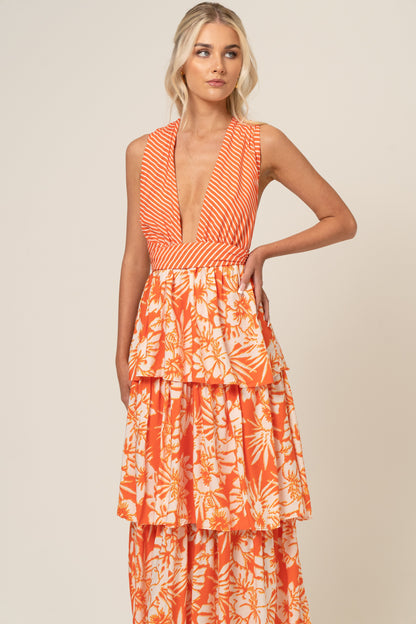 Lydia Orange Print Cross Back Maxi Dress