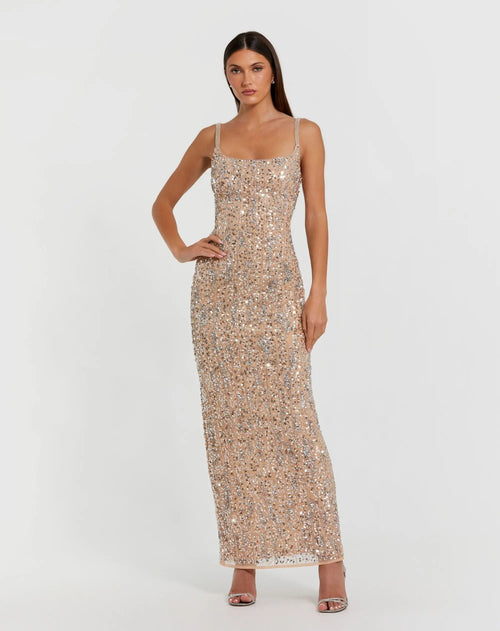 Beige Embellished Square Neck Gown