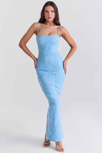 tuscan blue embroidered floral maxi dress