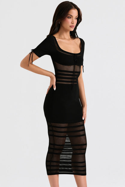 black openwork knit midi dress