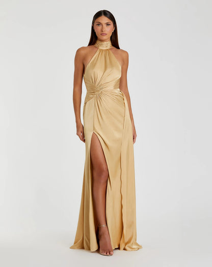 Open Back High Neck Side Ruched Gown