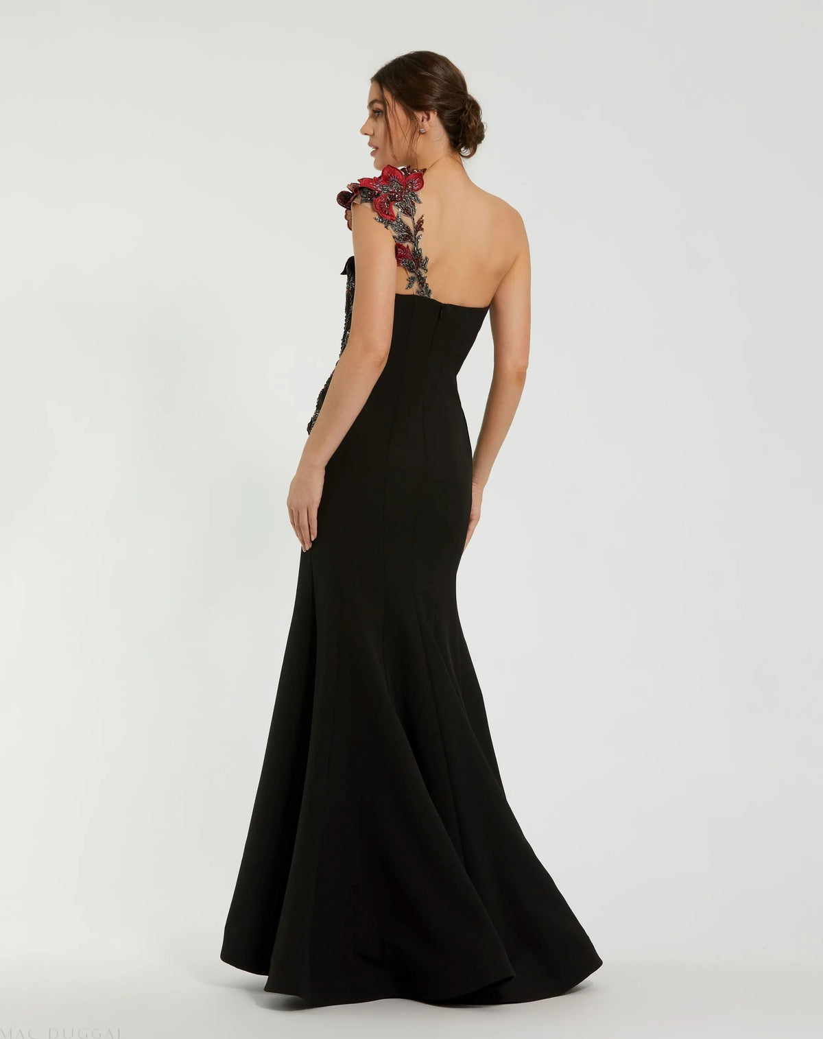 Black One Shoulder Embroidered Mermaid Gown
