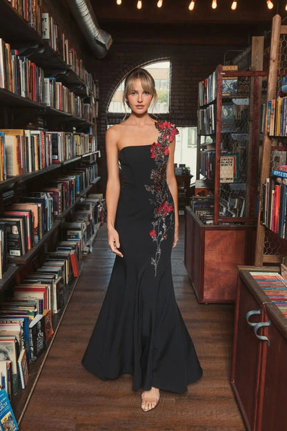 Black One Shoulder Embroidered Mermaid Gown