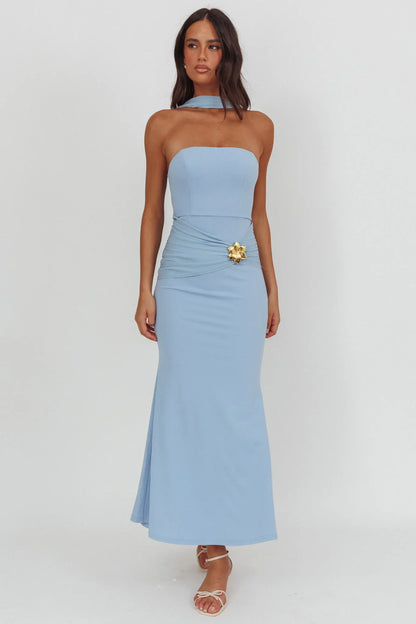 Jeramia Strapless Brooch Maxi Dress Blue