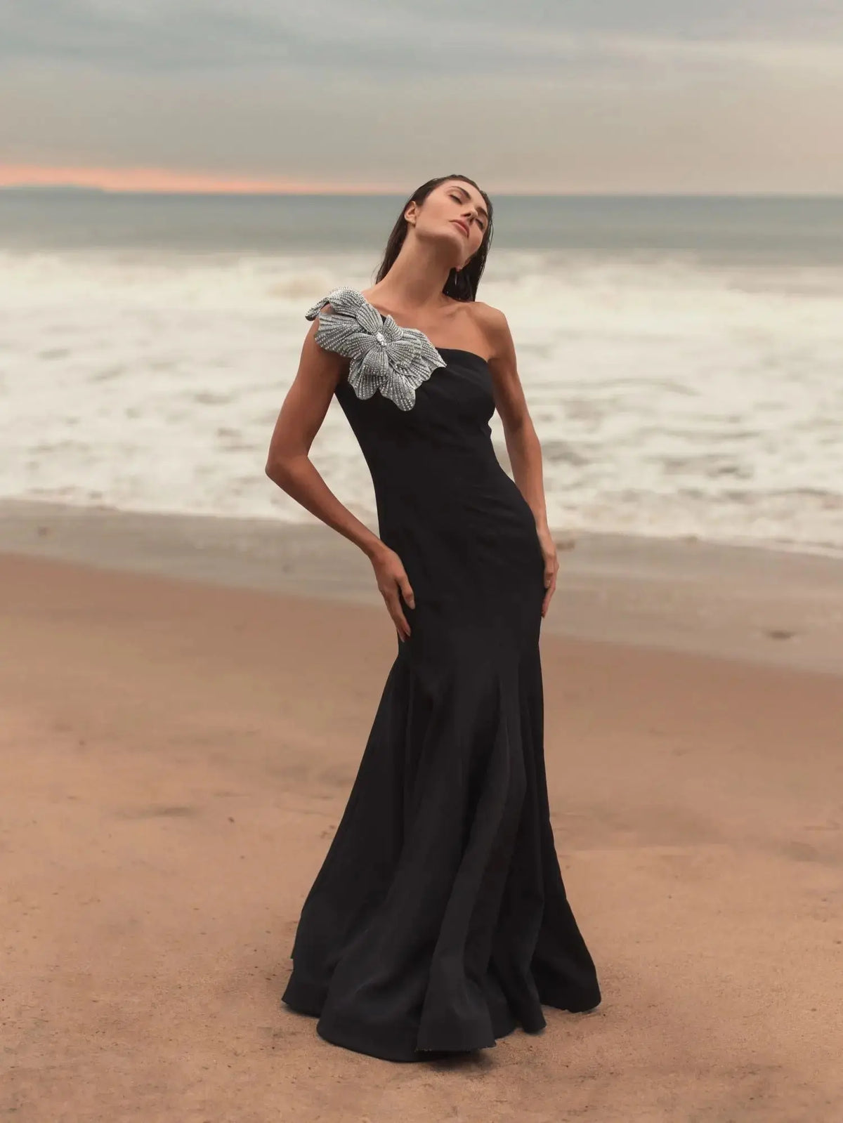 Petite Black Crepe One Shoulder Mermaid Gown With Flower
