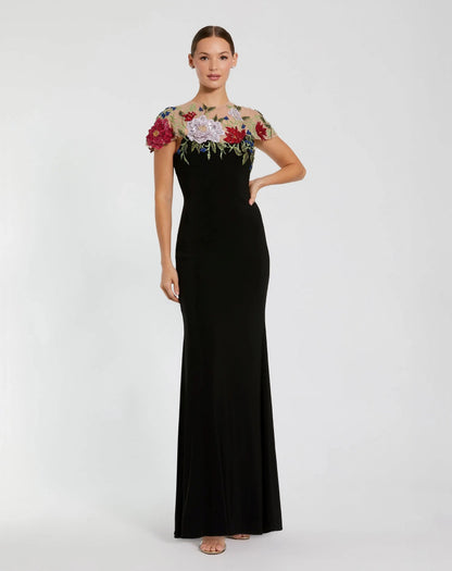 Black Floral Embellished Jersey Column Gown