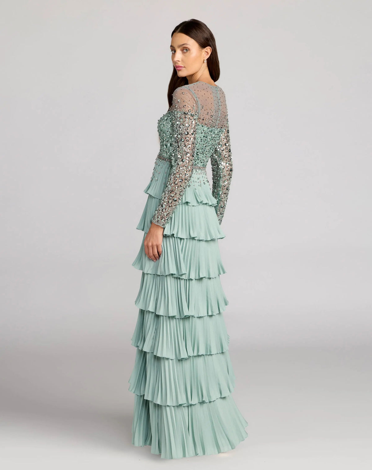 Green Embellished Illusion Long Sleeve Ruffle Gown