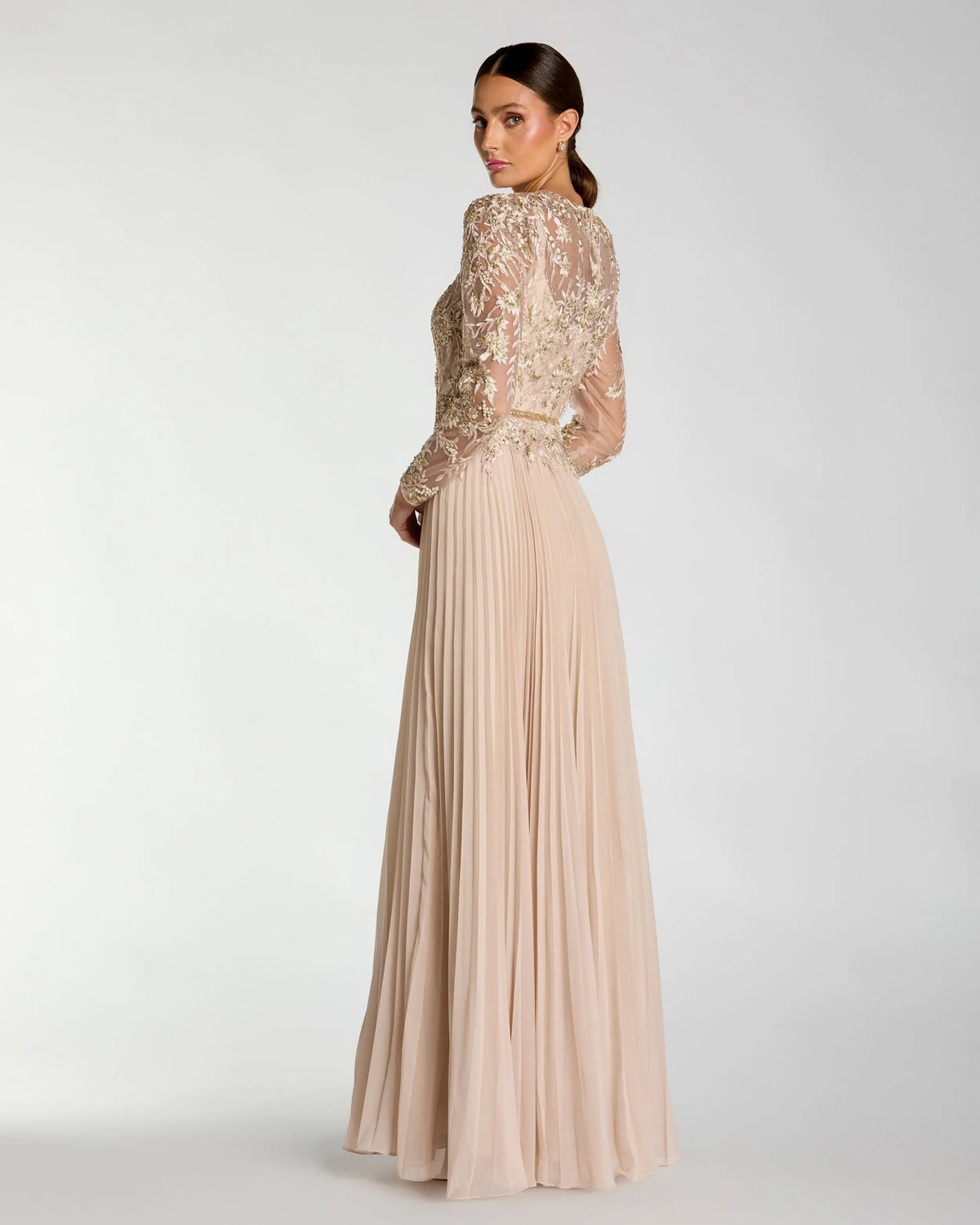 Beige Long Sleeve Chiffon Embellished Gown
