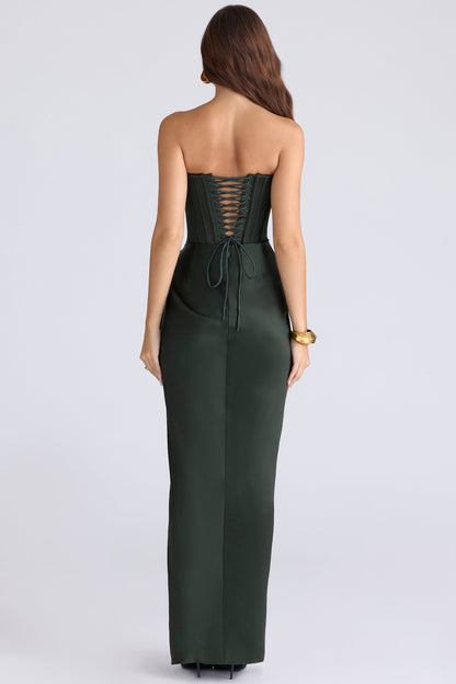 emerald satin strapless maxi dress