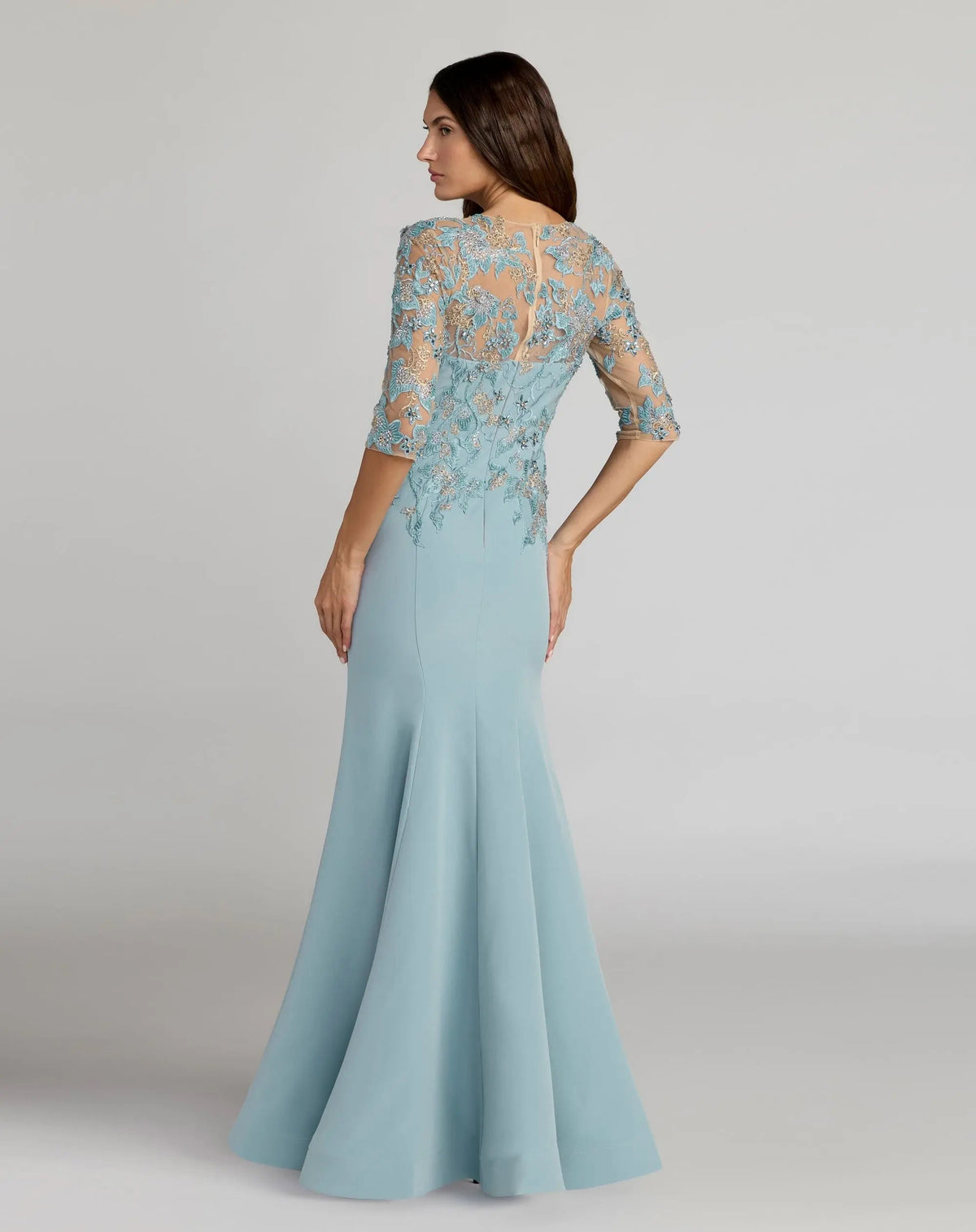 Blue Embroidered Crepe Mermaid Gown With 3/4 Sleeves