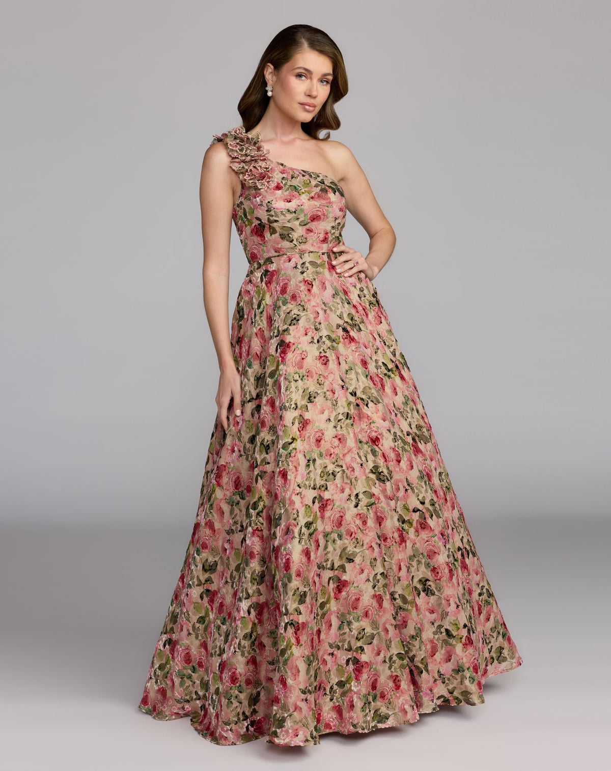 Beige One Shoulder Velvet Floral Ball Gown