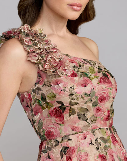 Beige One Shoulder Velvet Floral Ball Gown