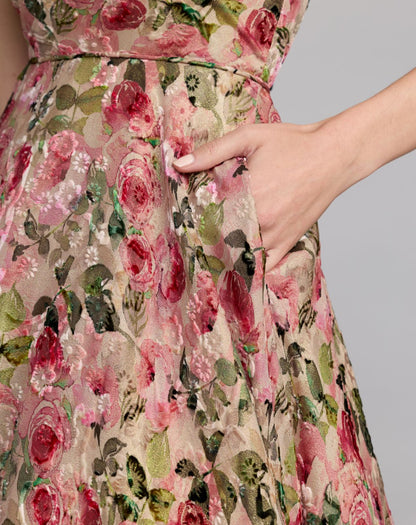 Beige One Shoulder Velvet Floral Ball Gown