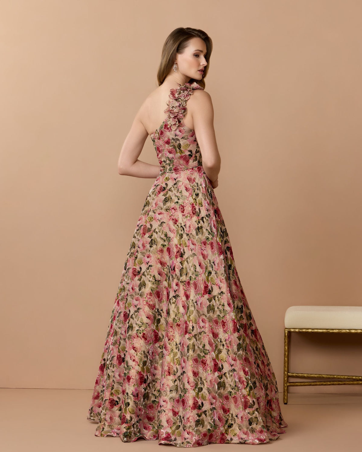 Beige One Shoulder Velvet Floral Ball Gown