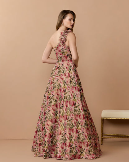 Beige One Shoulder Velvet Floral Ball Gown