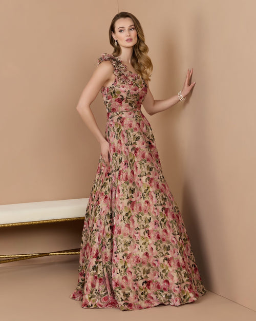 Beige One Shoulder Velvet Floral Ball Gown