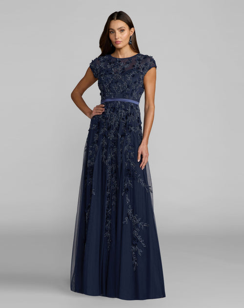 Navy Floral Embellished Cap Sleeve Gown