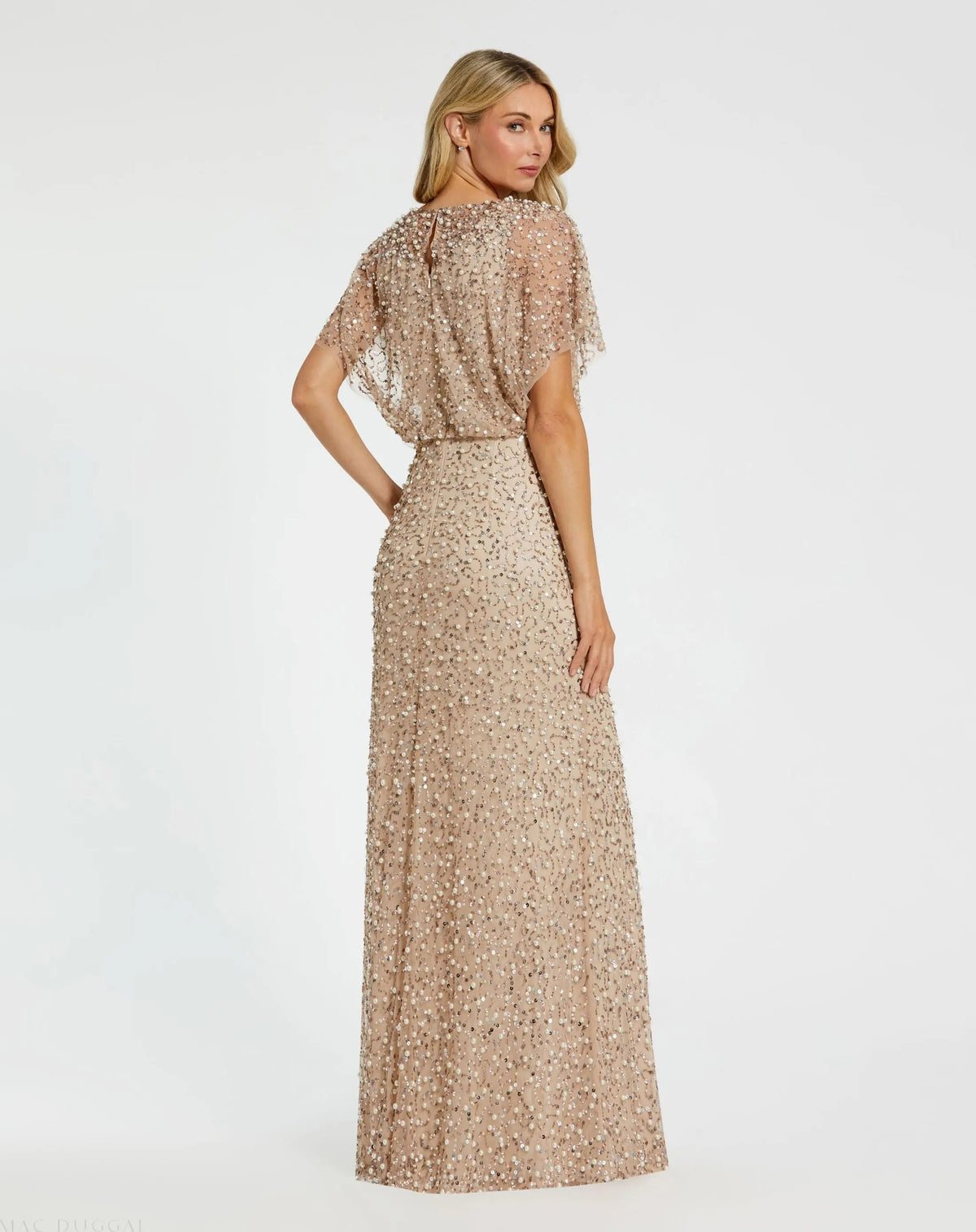 Beige High Neck Short Sleeve Embellished Gown