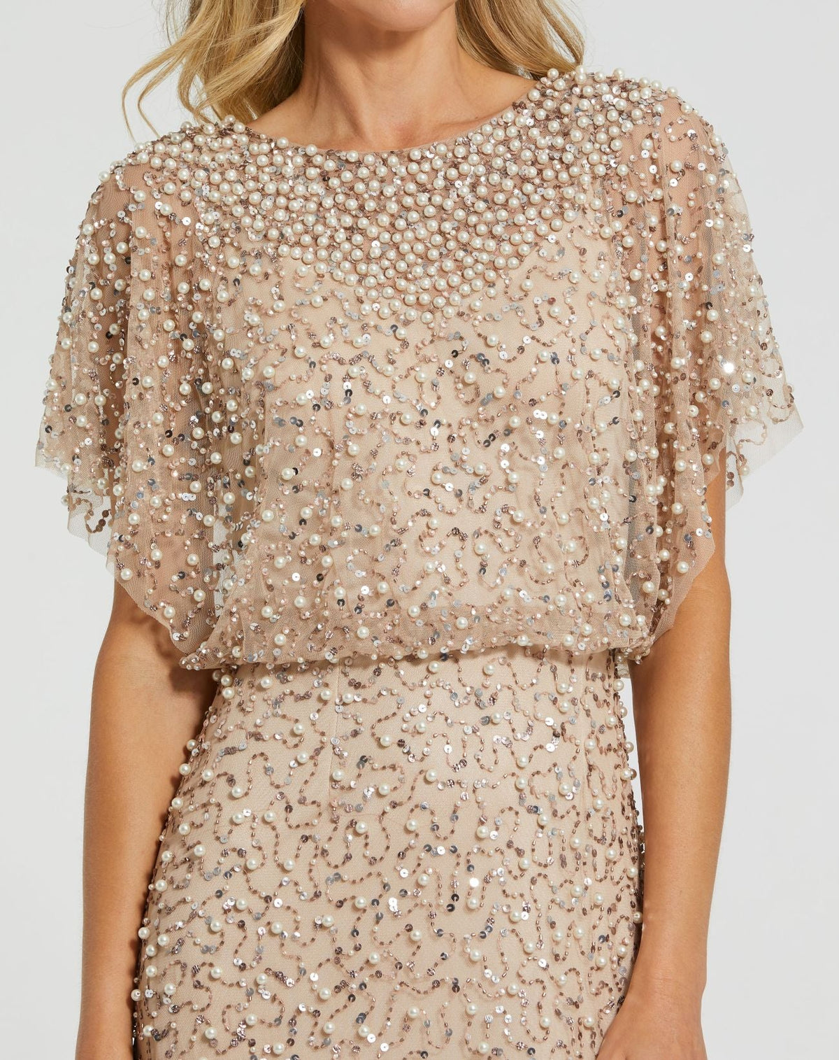 Beige High Neck Short Sleeve Embellished Gown