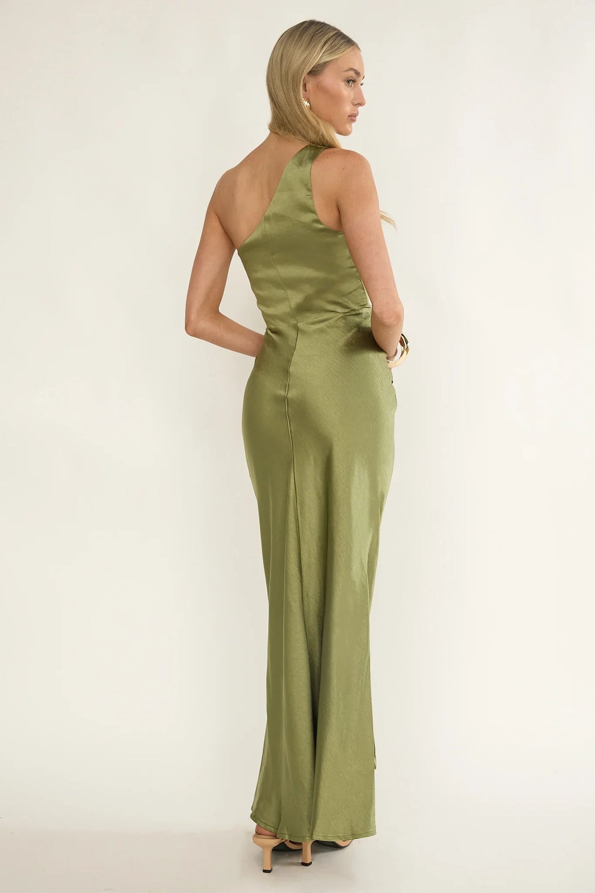 Luli One-Shoulder Waist Sash Maxi Dress Olive