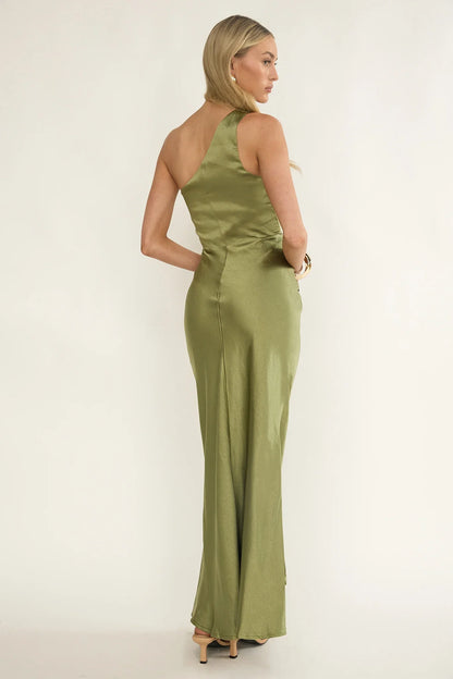 Luli One-Shoulder Waist Sash Maxi Dress Olive