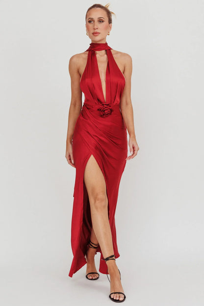 Italia Azure Halterneck Rosette Maxi Dress Wine