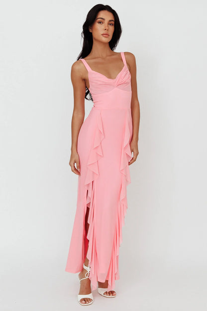 Hollianna Ruffle Trim Split Maxi Dress Blush