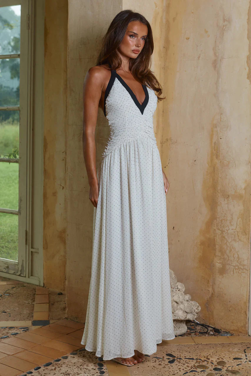 CAROLINA HALTER RUCHED MAXI DRESS - IVORY/BLACK POLKA
