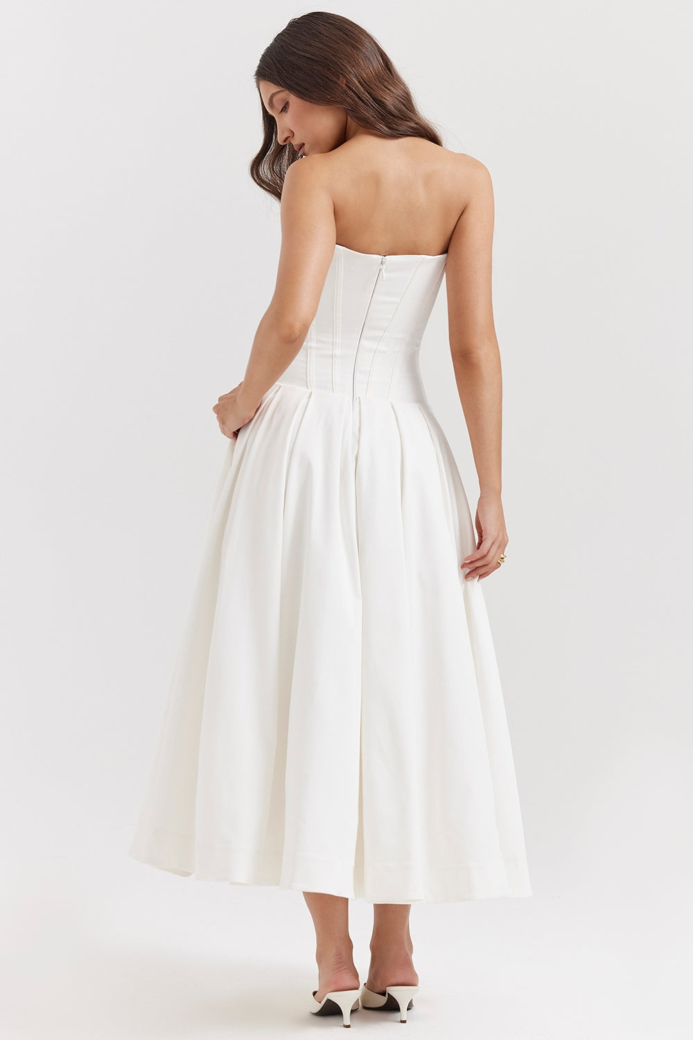 white strapless midi dress