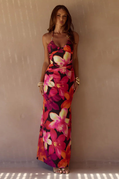NINA RUCHED HALTER MAXI DRESS - SKYE BLACK