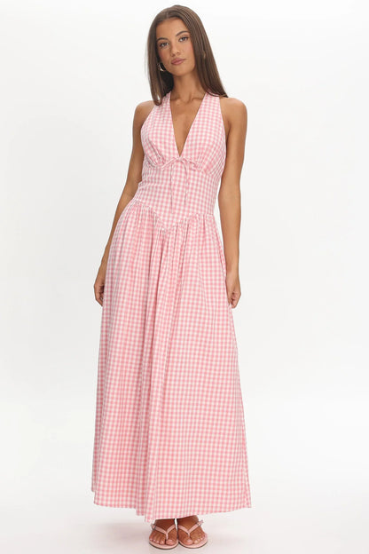 Sundrenched Halter Maxi Dress Checker Pink