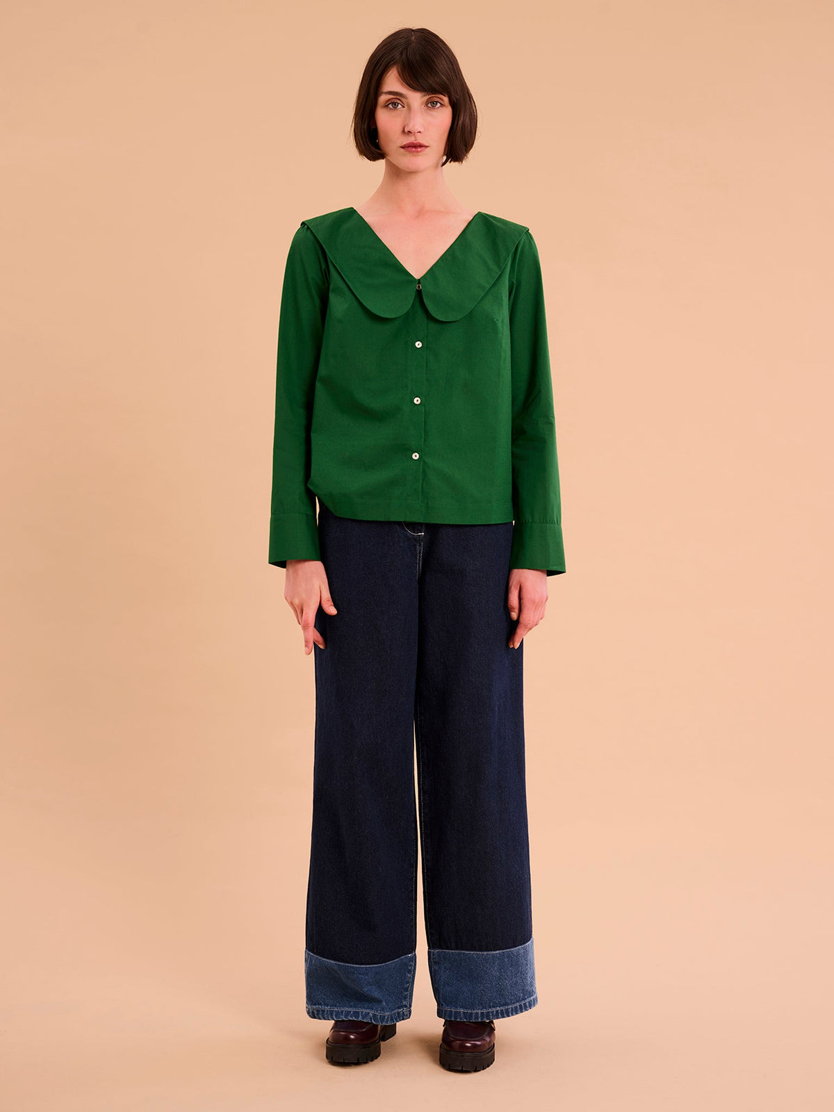 Caitlin Oversized Collar Blouse in Green