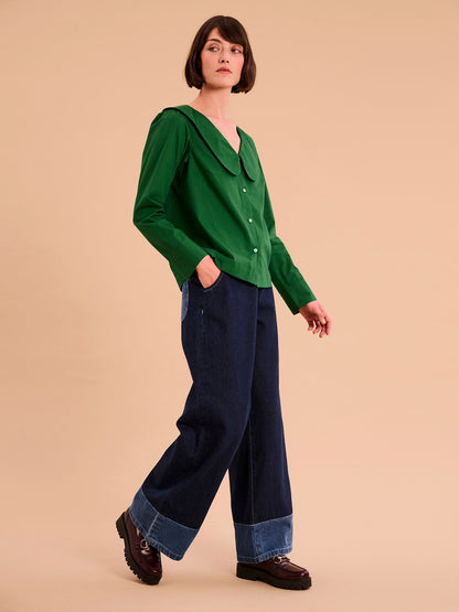 Caitlin Oversized Collar Blouse in Green