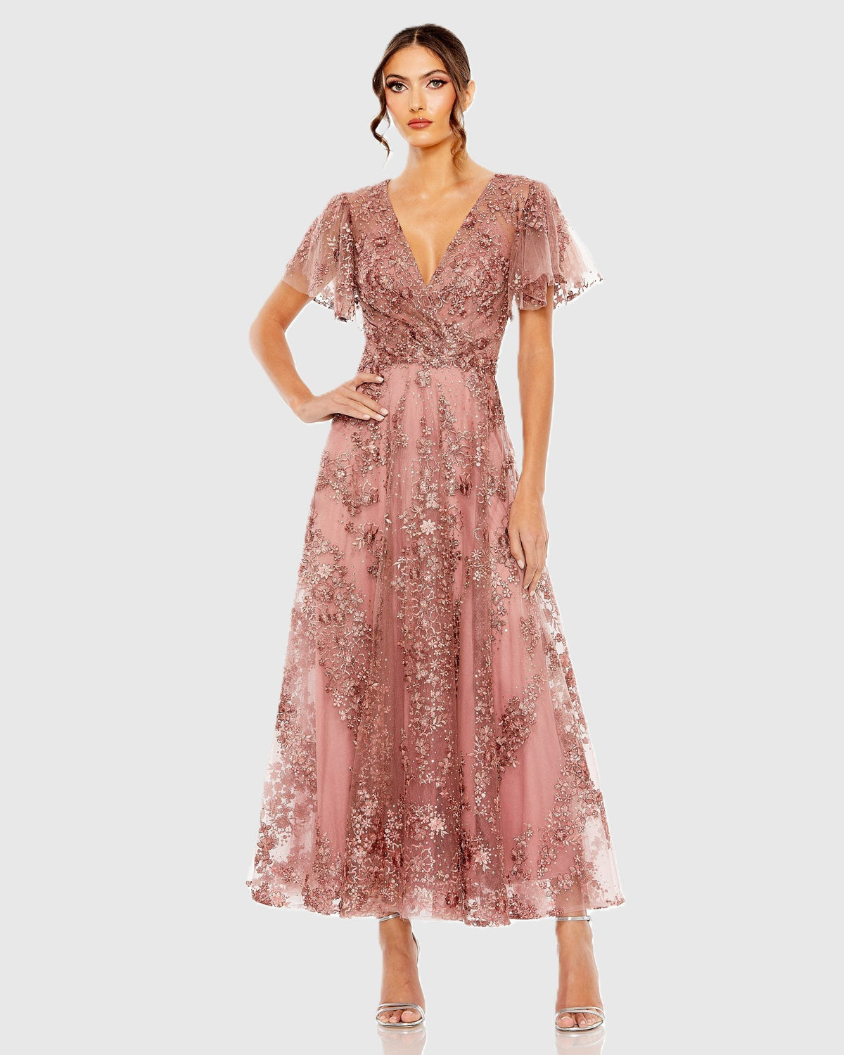 Embroidered Flutter Sleeve A Line Dress