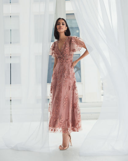Embroidered Flutter Sleeve A Line Dress