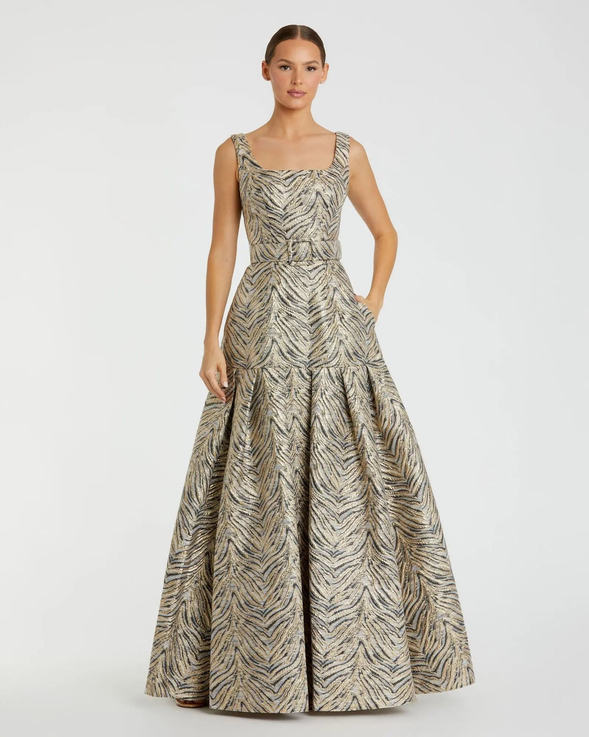 Gold Metallic Jacquard Gown with Square Neckline and Box Pleats