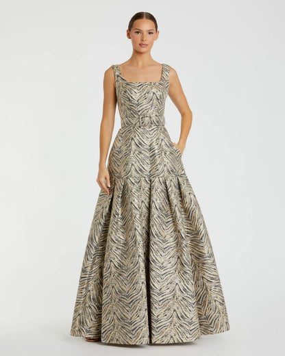Gold Metallic Jacquard Gown with Square Neckline and Box Pleats