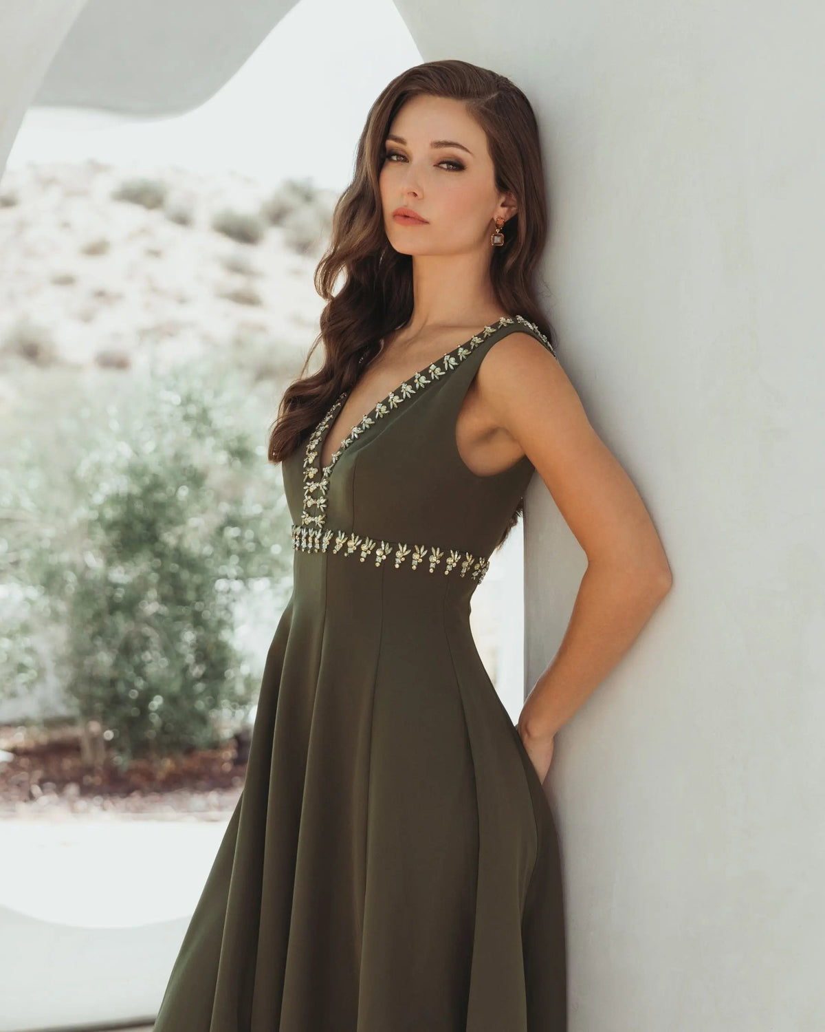 Green Rhinestone Embellished Crepe A Line Midi Dress